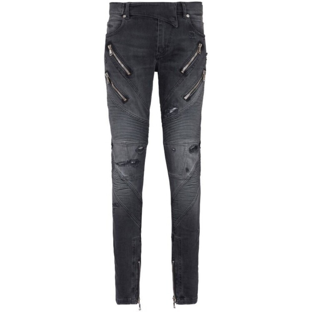Balmain Anthracite Grey Stretch-Cotton Distressed Panelled Trousers - NWT